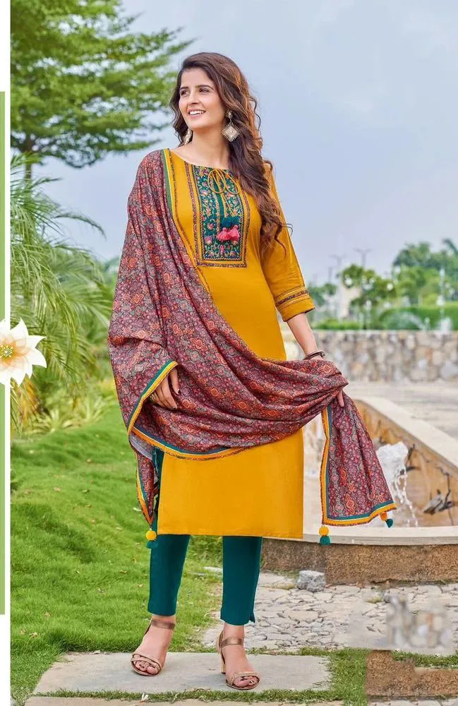 Elegant Mustard Yellow Colored Viscose Kurti With Cotton Lycra Pant Digital Print Dupatta Sets For Women