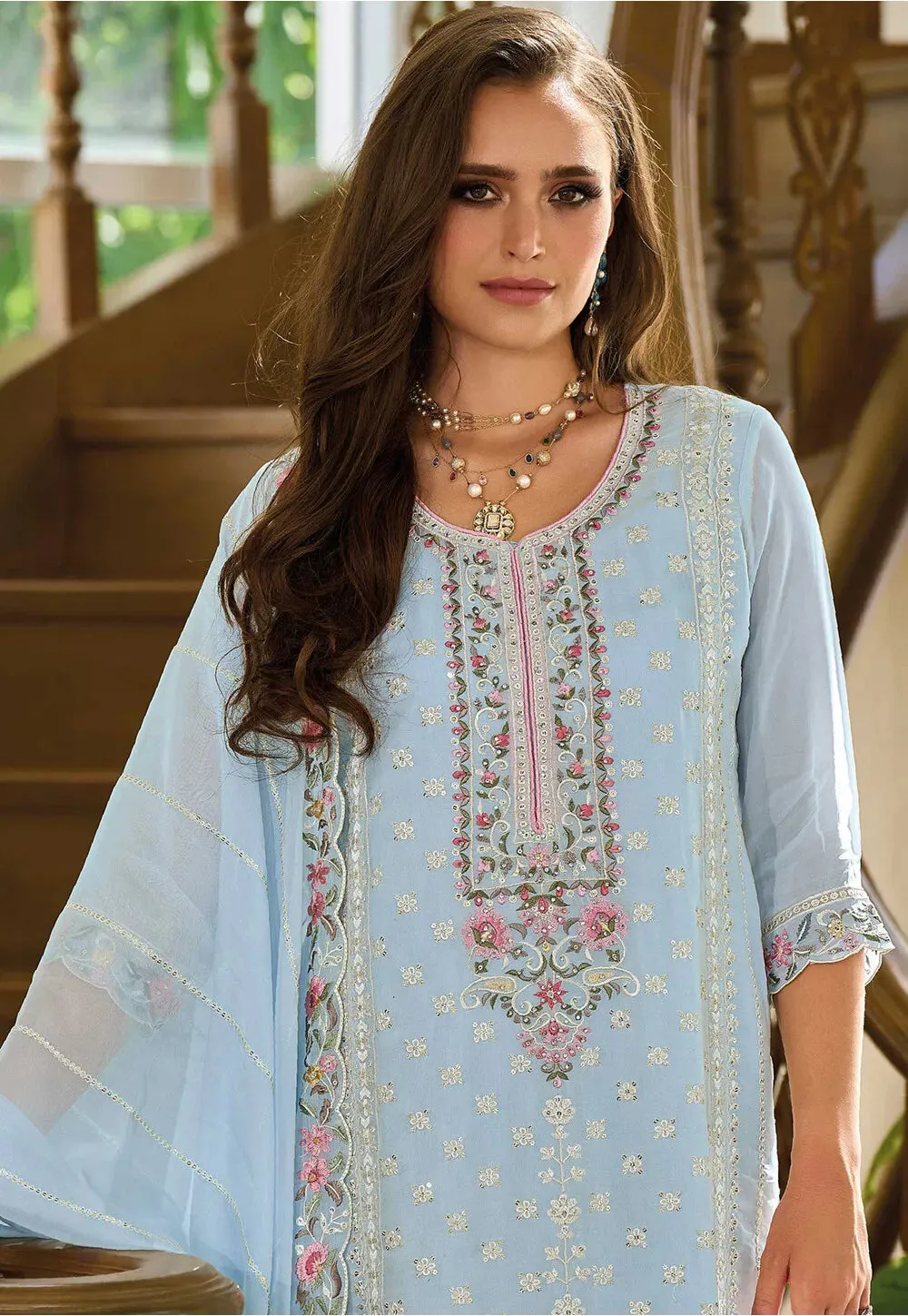 Elegant Sky Blue Color Soft Organza Salwar Suits For Women