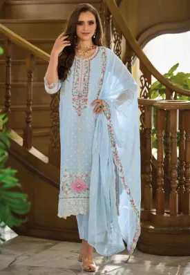 Elegant Sky Blue Color Soft Organza Salwar Suits For Women