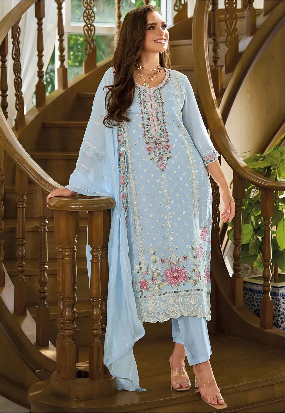 Elegant Sky Blue Color Soft Organza Salwar Suits For Women