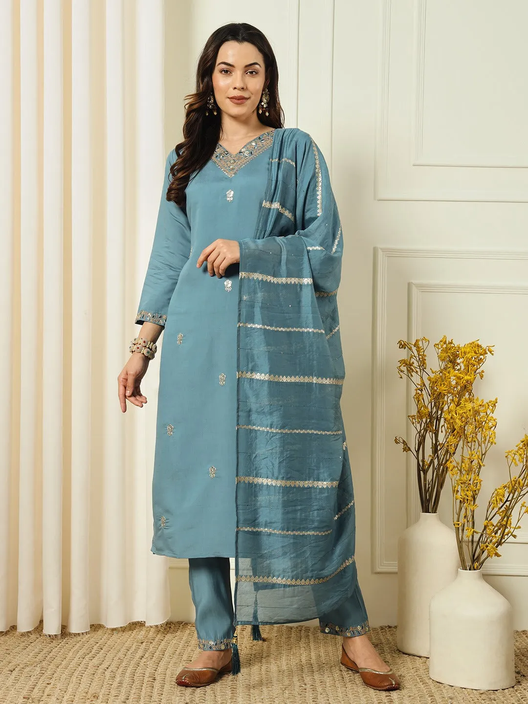 Elegant Teal Blue Color Roman Silk Salwar Suits With Dupatta For Women