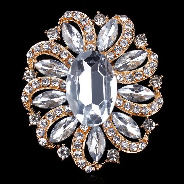 Factory Direct Sale Classic Crystal Rhinestones and Large Oval Acrylic Flower Brooch Pins for Women in Various Colors