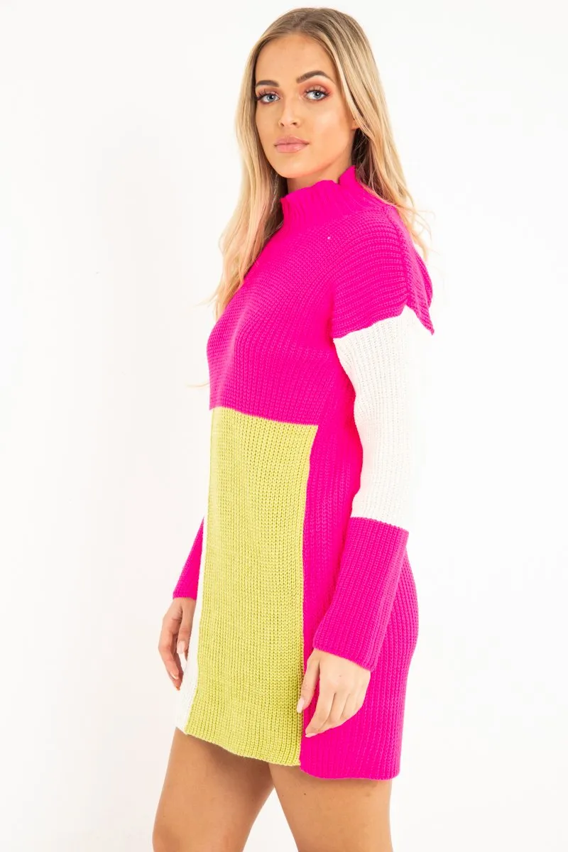 Fuchsia Lime and Cream Knit Jumper Dress - Taila