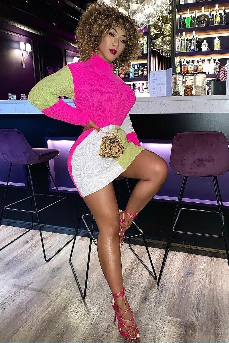 Fuchsia Lime and Cream Knit Jumper Dress - Taila