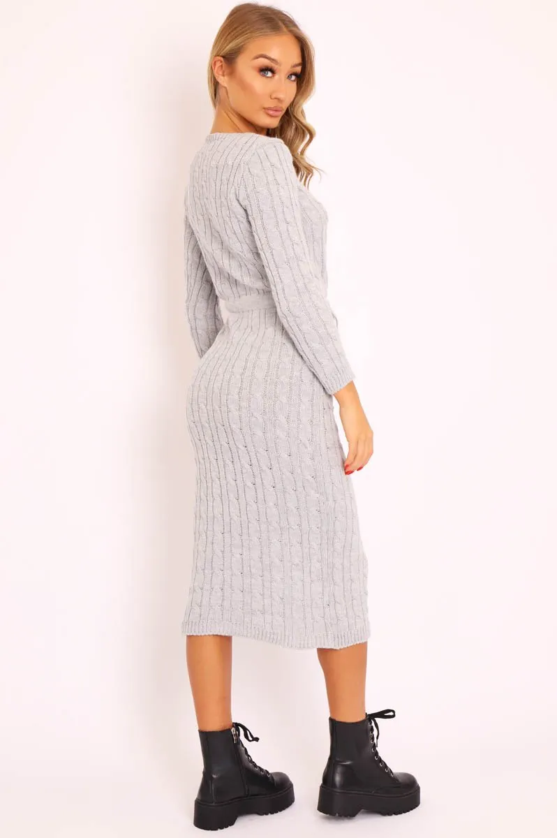 Grey Cable knit Drawstring Waist Maxi Jumper Dress - Julee