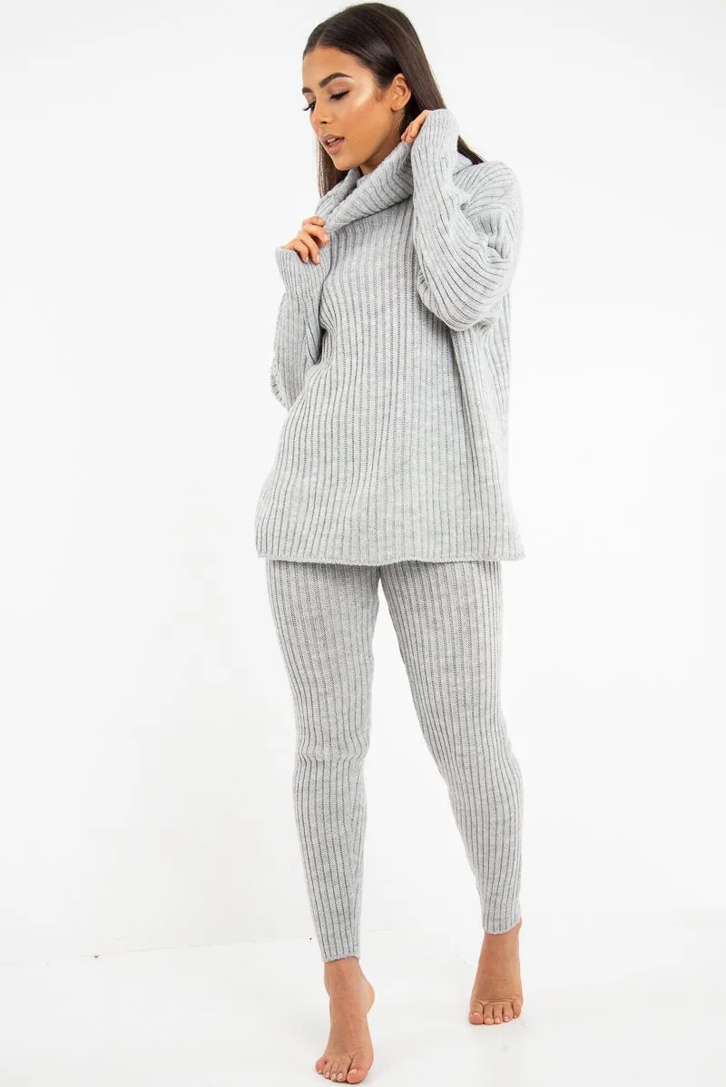 Grey Chunky Knit Roll Neck Loungewear Co-Ord - Imara