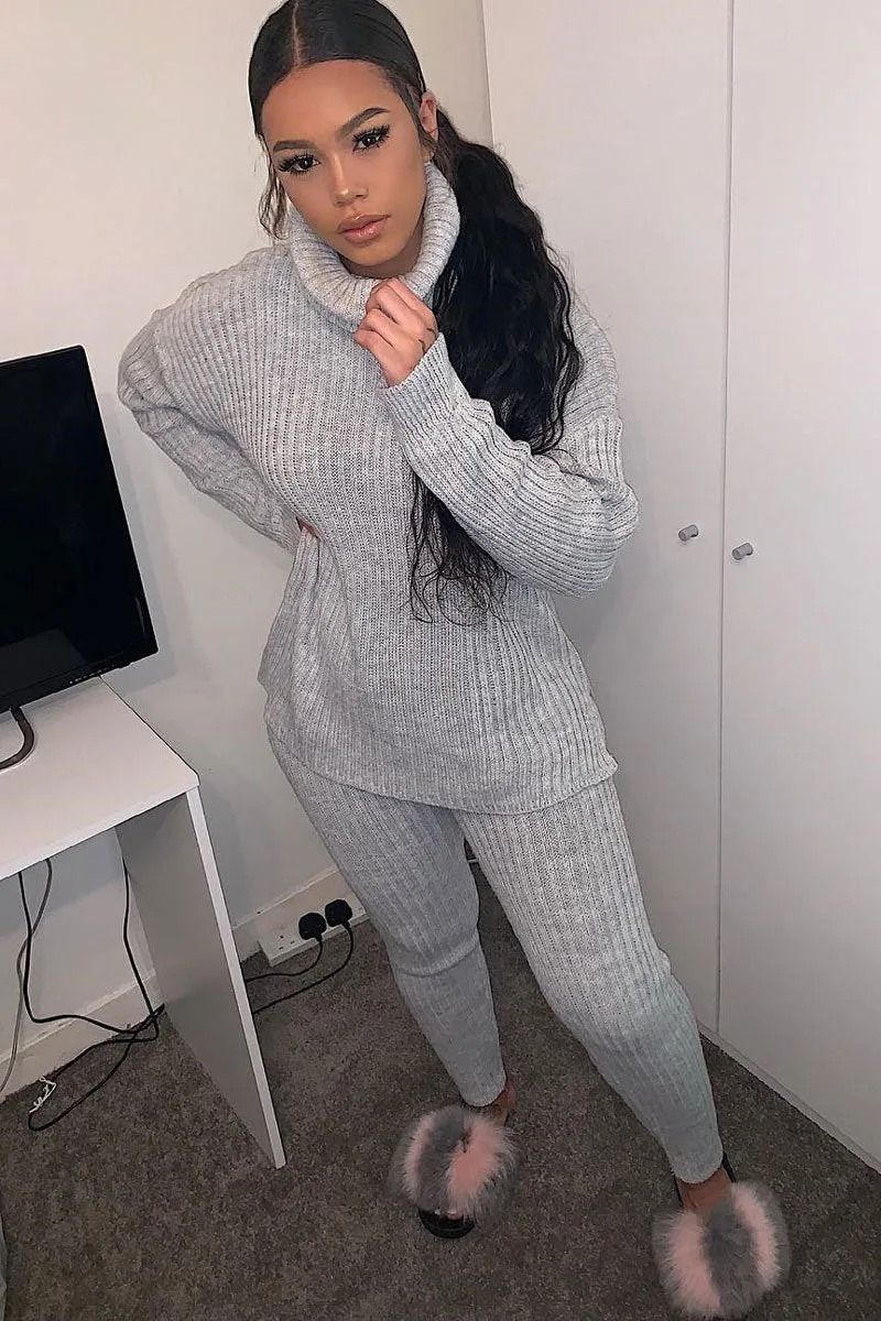 Grey Chunky Knit Roll Neck Loungewear Co-Ord - Imara