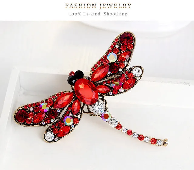 JUJIE Rhinestone Dragonfly Brooches For Women 2017 Antique Gold Color Scarf Lapel Brooch Pins Animals Crystal Jewelry Gifts Girl