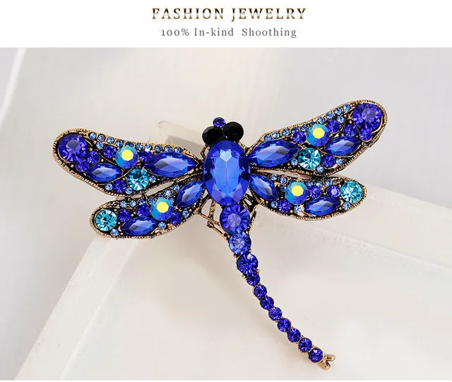 JUJIE Rhinestone Dragonfly Brooches For Women 2017 Antique Gold Color Scarf Lapel Brooch Pins Animals Crystal Jewelry Gifts Girl