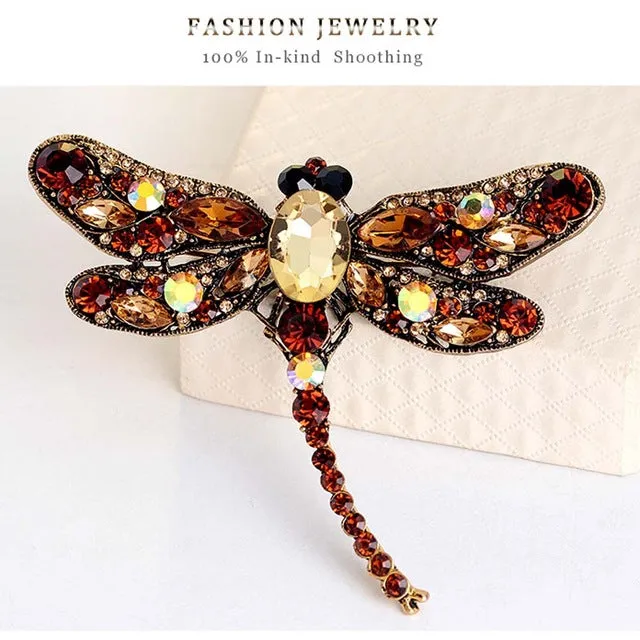 JUJIE Rhinestone Dragonfly Brooches For Women 2017 Antique Gold Color Scarf Lapel Brooch Pins Animals Crystal Jewelry Gifts Girl