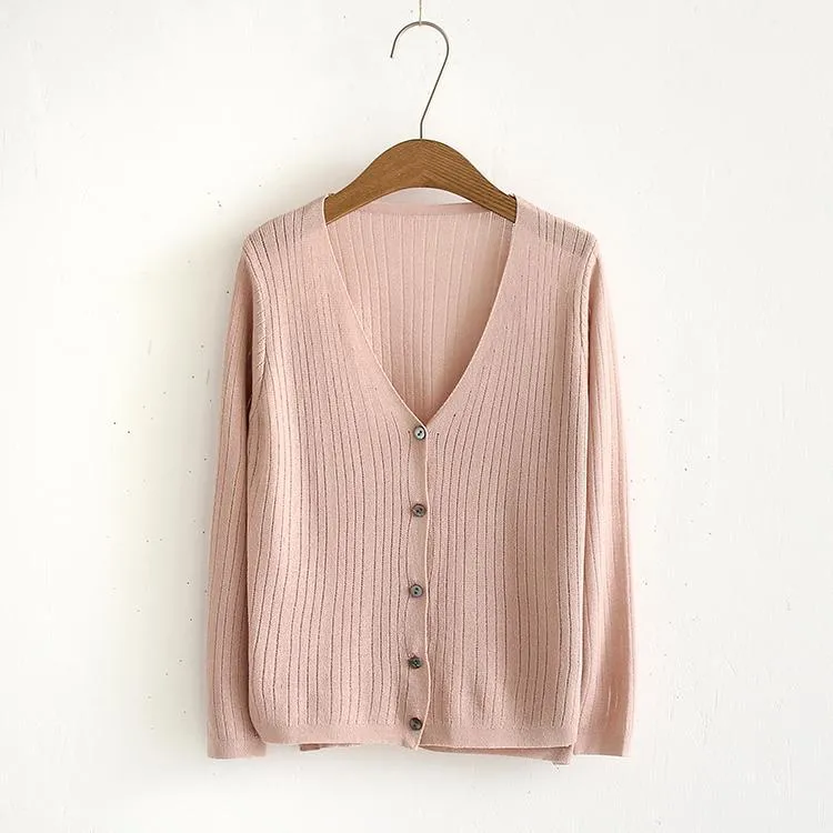 Light Soft Summer V Neck Buttons Knit Cardigans