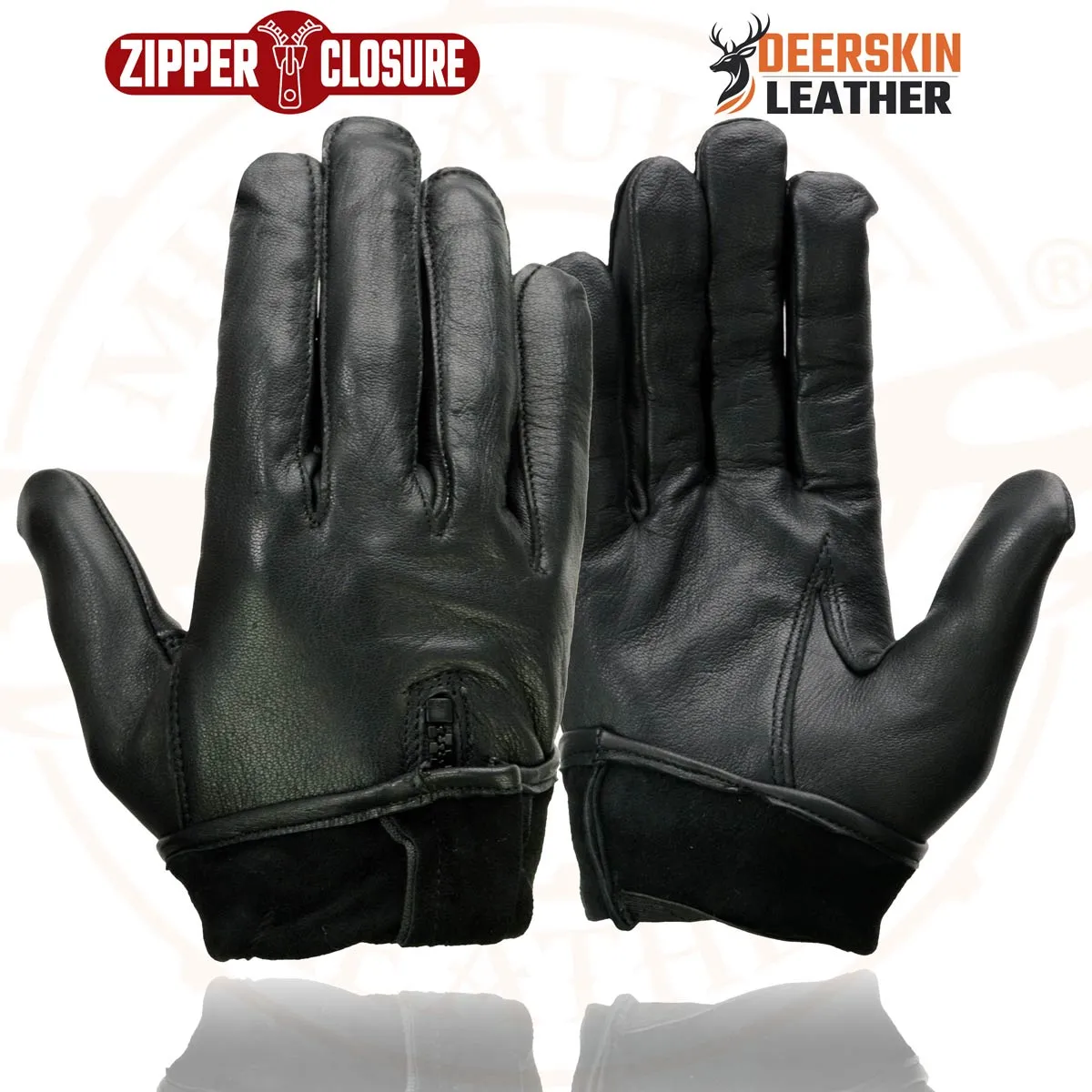 Milwaukee Leather SH867 Men's Black Unlined Deerskin Lightweight Motorcycle Hand Gloves W/ Wrist Zipper Closure