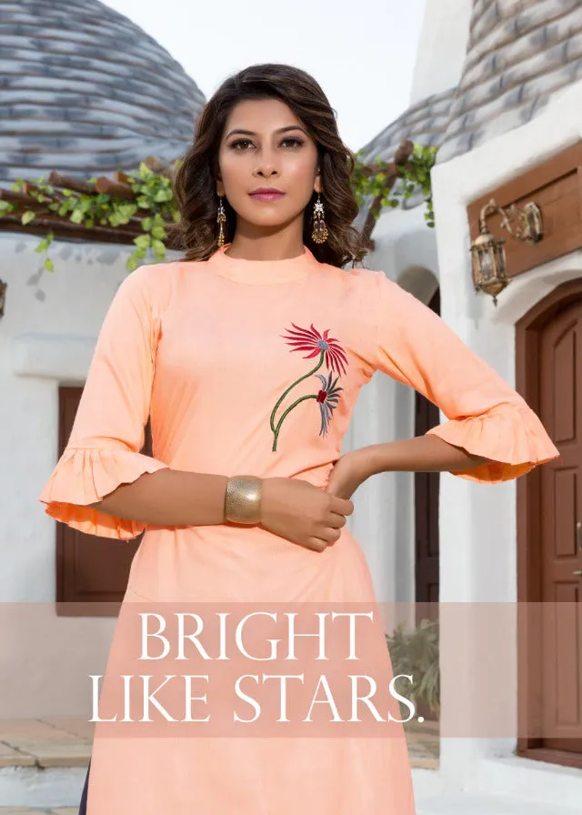 Orange Slub Rayon Kurti With Embroidery Work And Dark Grey Palazzo Pants