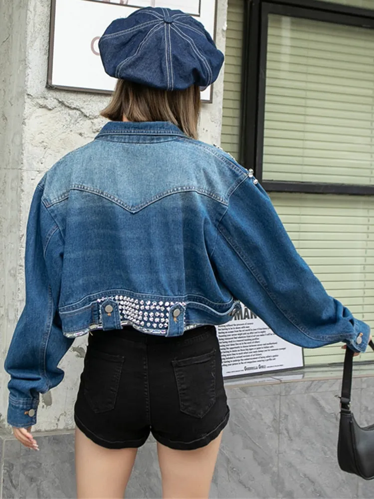 Patchwork Diamonds Chain Denim Jackets For Women Lapel Long Sleeve Spliced Single Breasted Casual Jacket Female