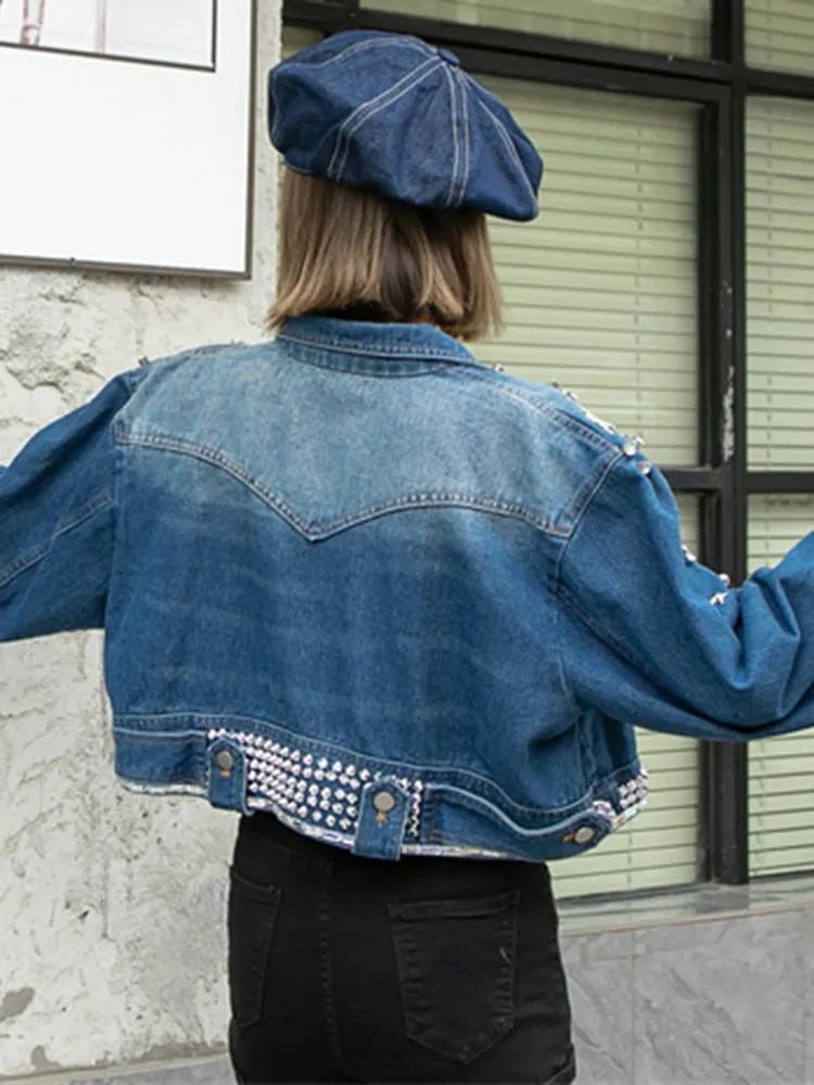 Patchwork Diamonds Chain Denim Jackets For Women Lapel Long Sleeve Spliced Single Breasted Casual Jacket Female