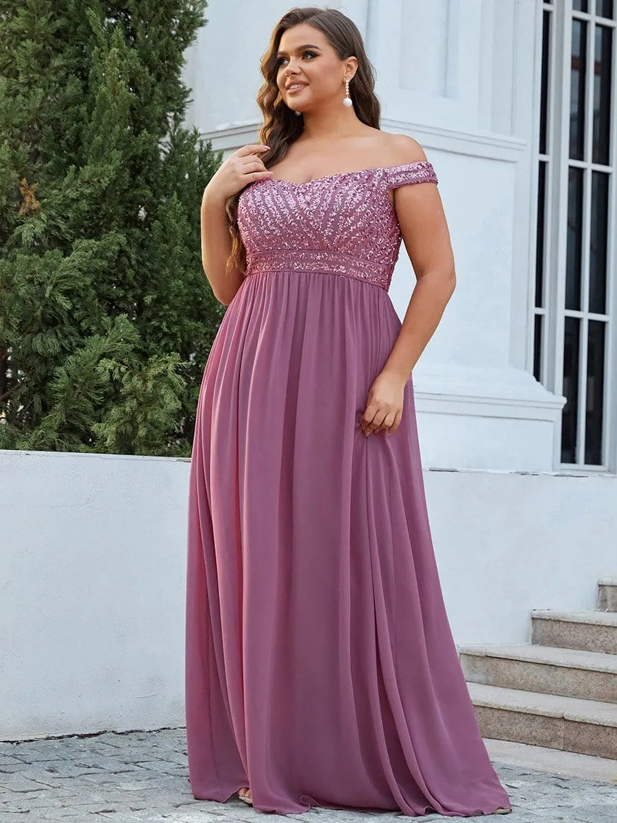 Plus Size Striped Sequin Sweetheart Floor-Length Evening Dress