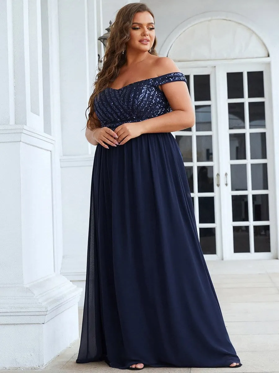 Plus Size Striped Sequin Sweetheart Floor-Length Evening Dress