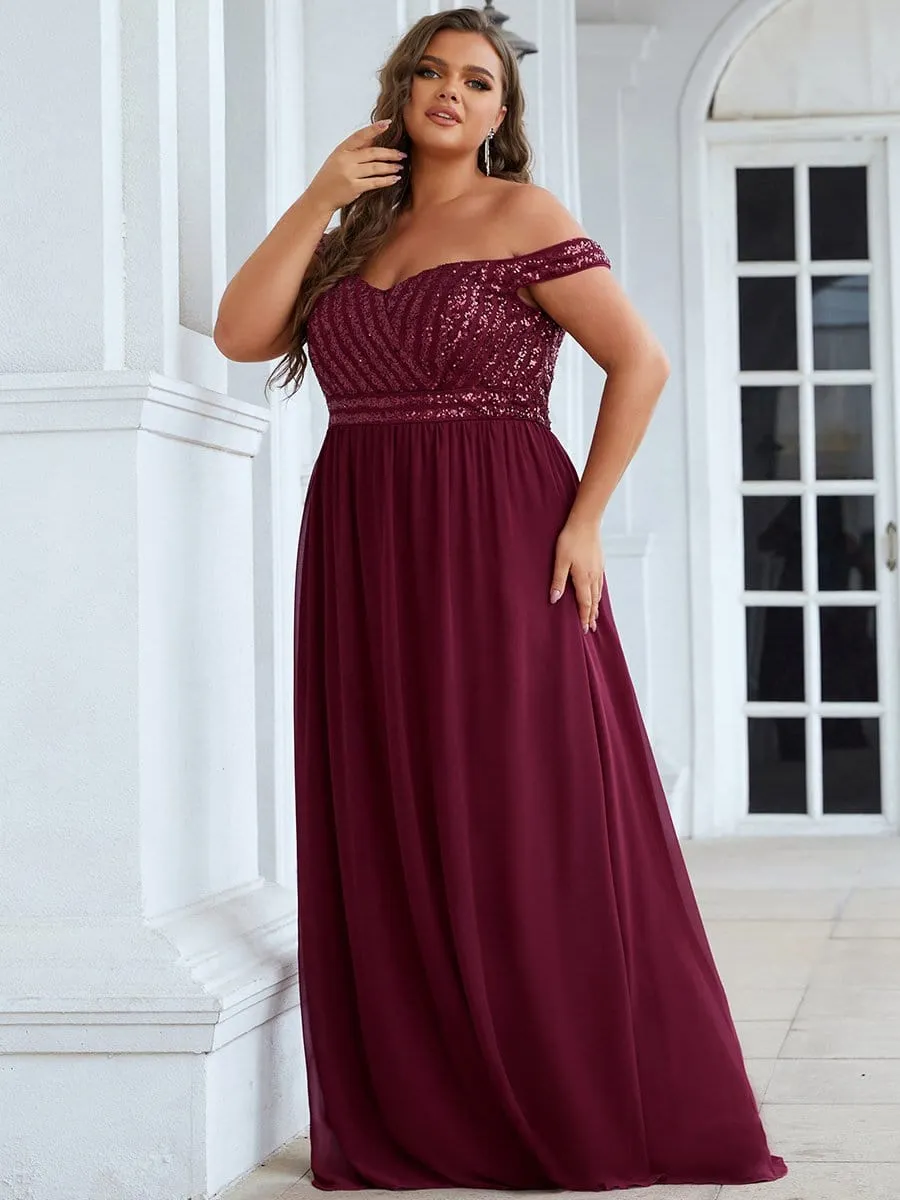 Plus Size Striped Sequin Sweetheart Floor-Length Evening Dress