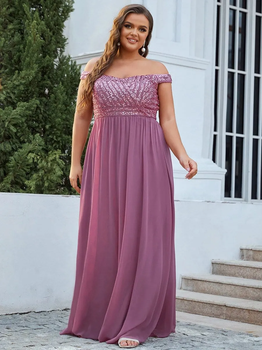 Plus Size Striped Sequin Sweetheart Floor-Length Evening Dress