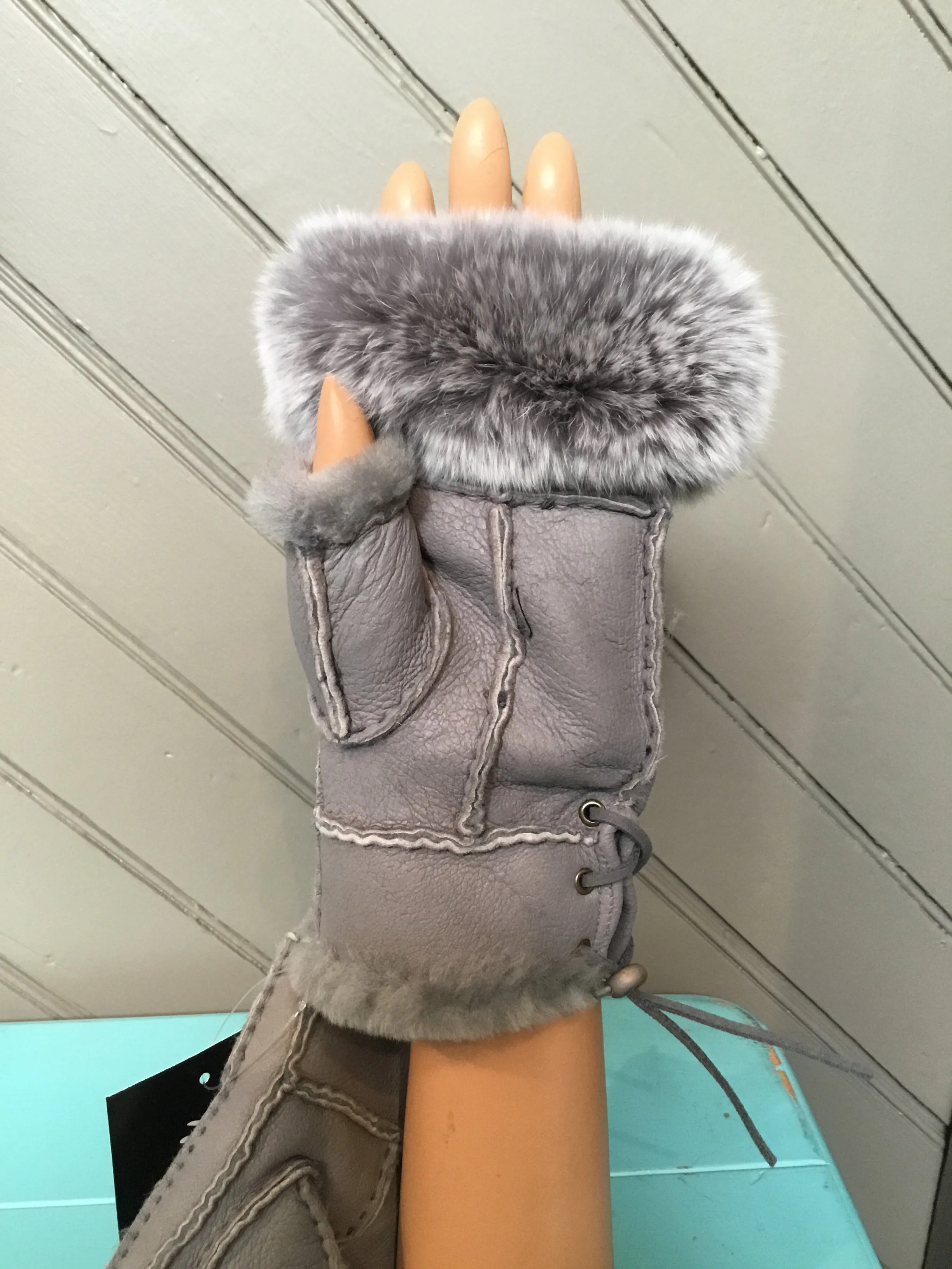 Shearling Lined Leather Fingerless Gloves With Rabbit Fur Trim