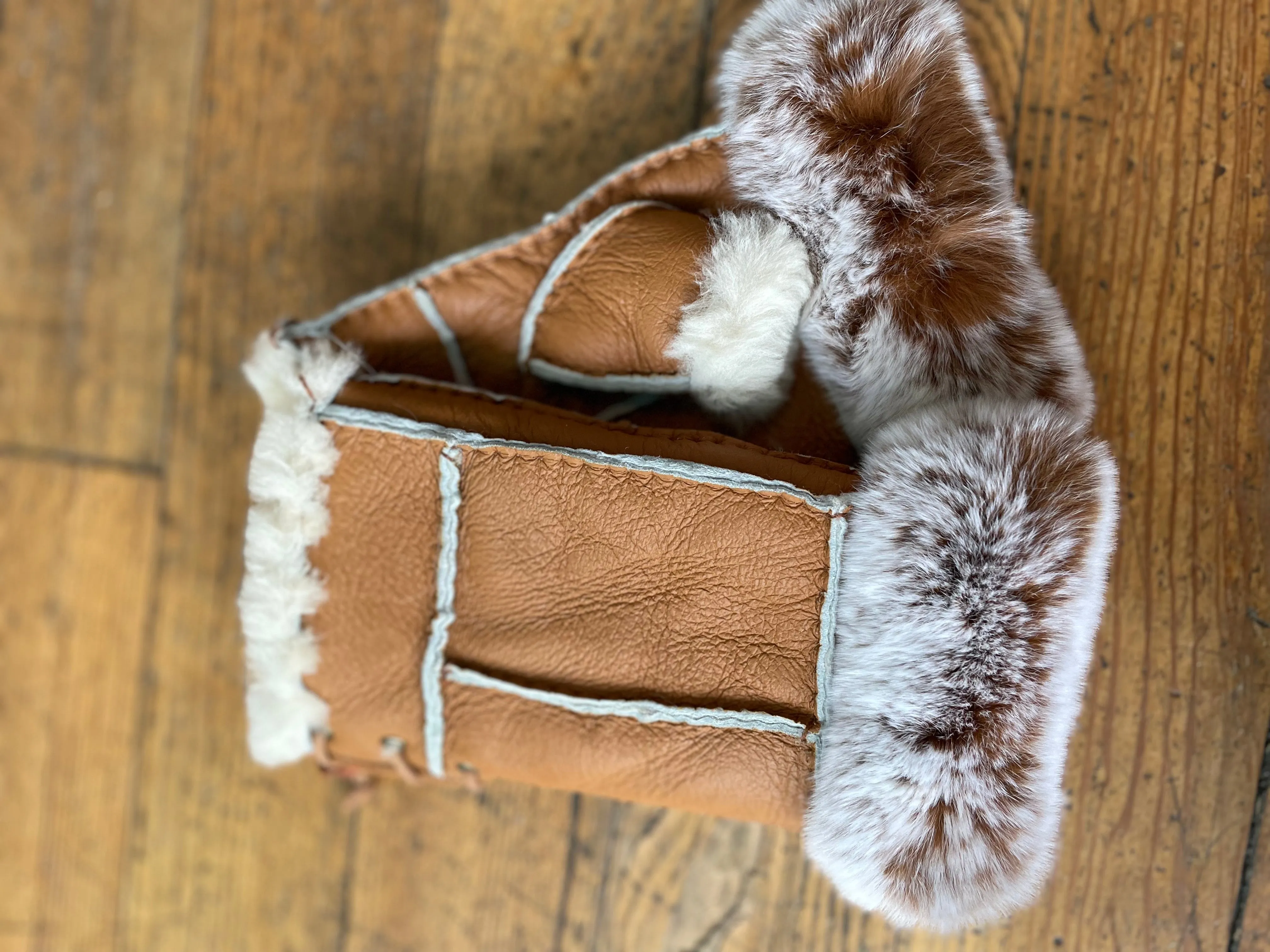 Shearling Lined Leather Fingerless Gloves With Rabbit Fur Trim