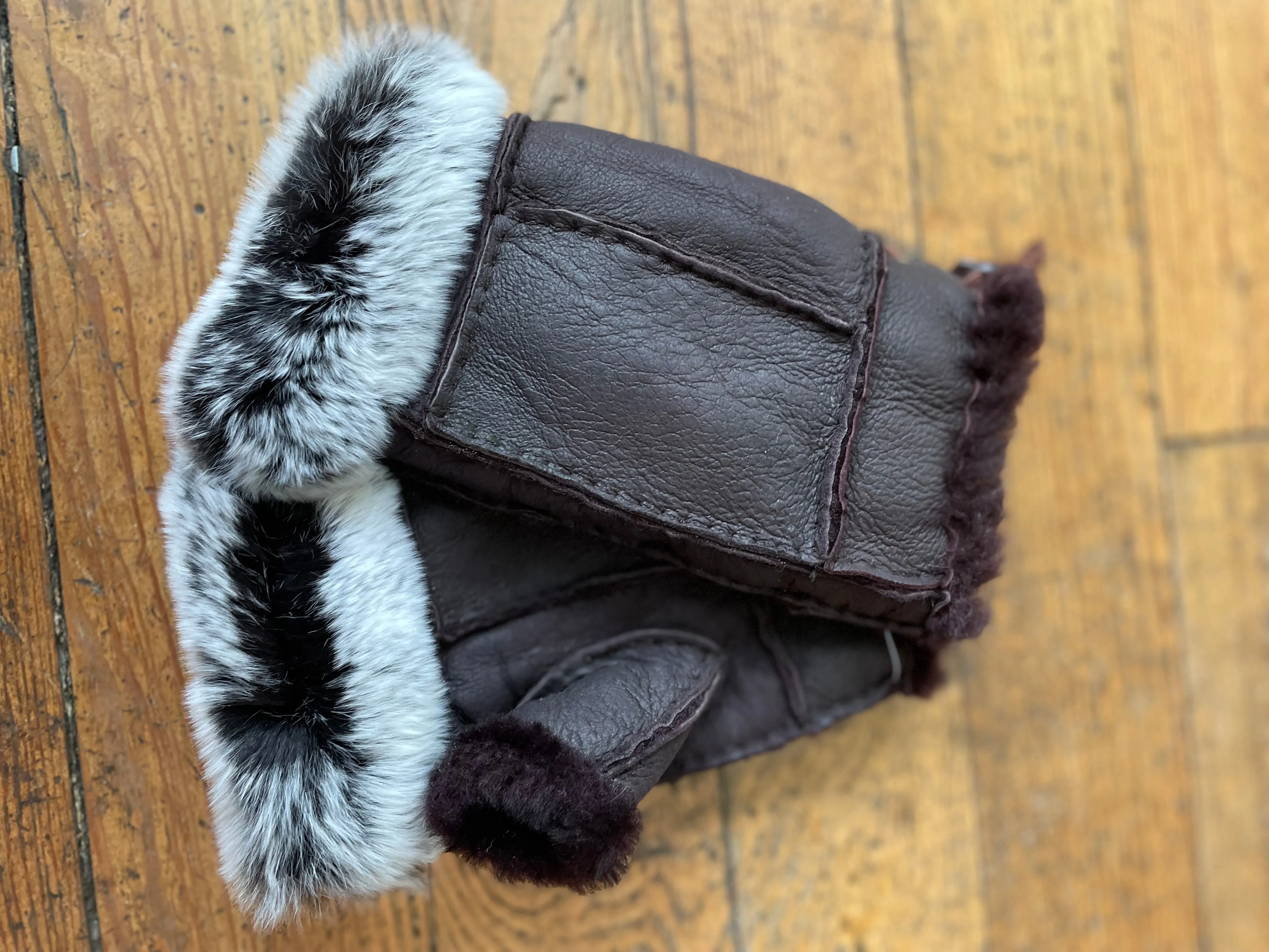 Shearling Lined Leather Fingerless Gloves With Rabbit Fur Trim