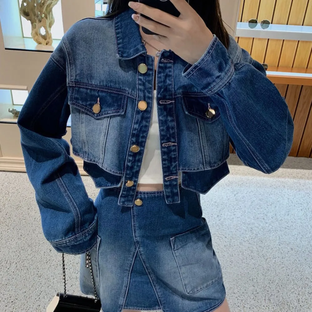 Solid Denim Jacket For Women Lapel Long Sleeve Patchwork Single Breasted Streetwear Loose Jackets Female Fashion