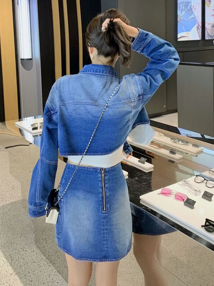 Solid Denim Jacket For Women Lapel Long Sleeve Patchwork Single Breasted Streetwear Loose Jackets Female Fashion