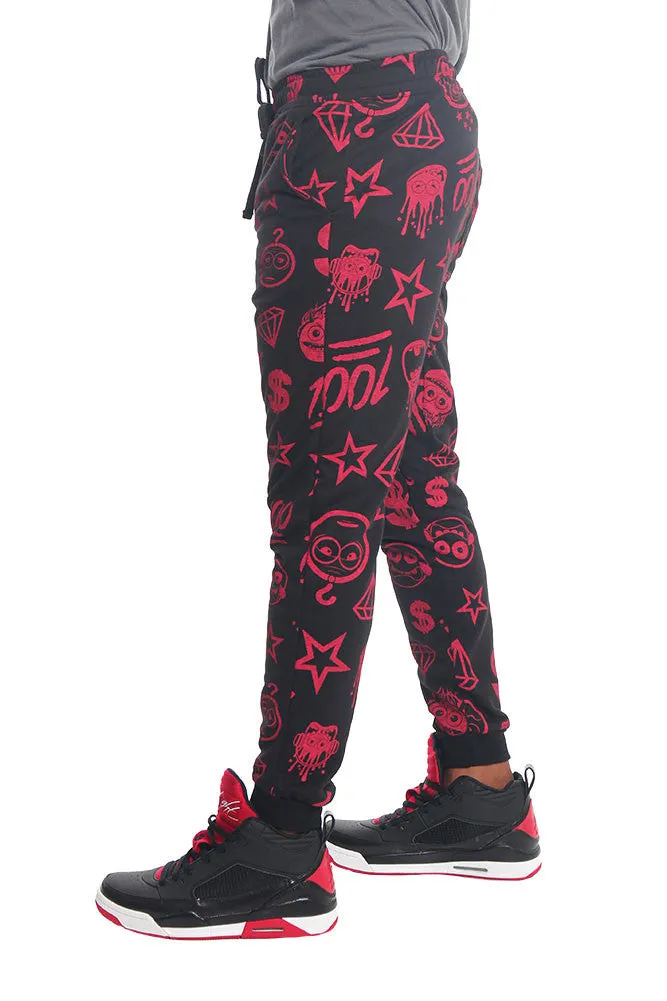 Solid Emoji Print French Terry Jogger Pants