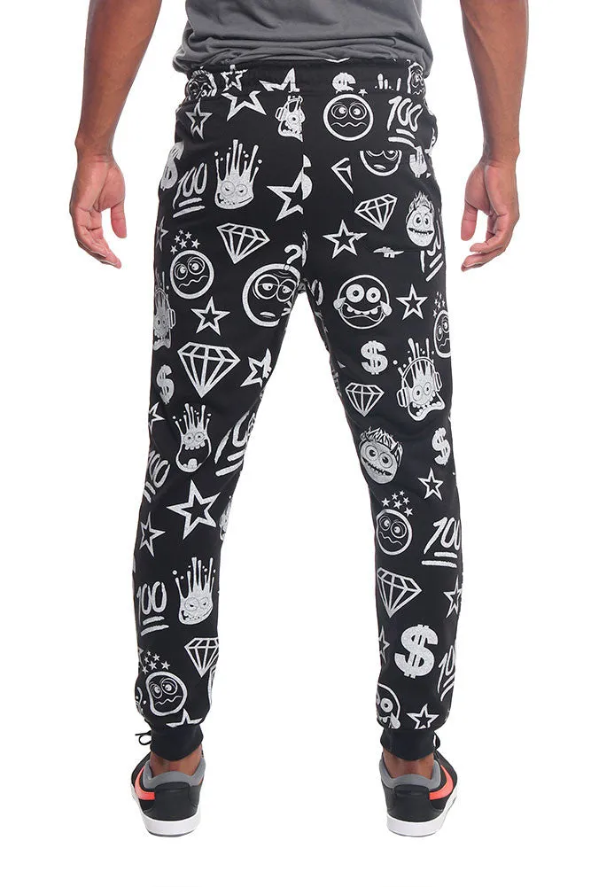 Solid Emoji Print French Terry Jogger Pants