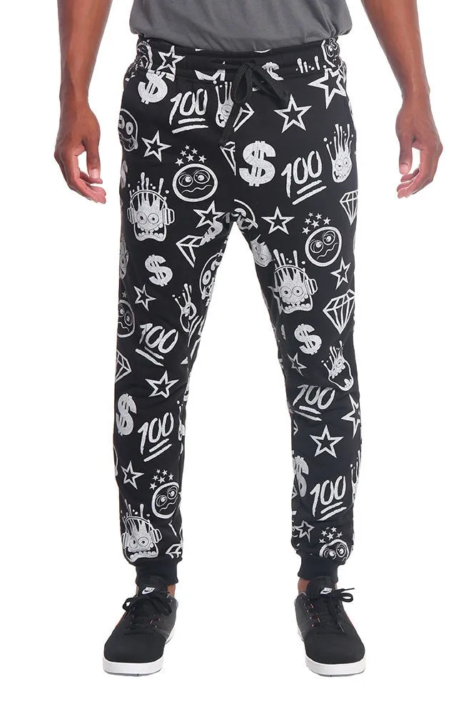 Solid Emoji Print French Terry Jogger Pants