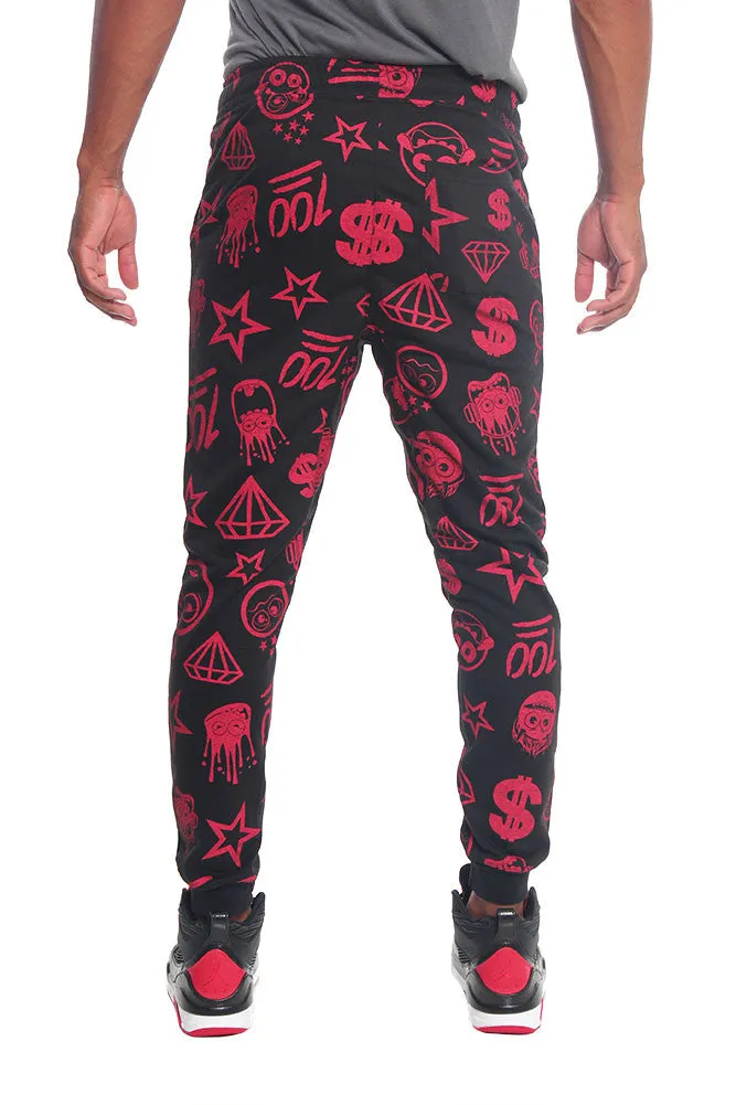 Solid Emoji Print French Terry Jogger Pants