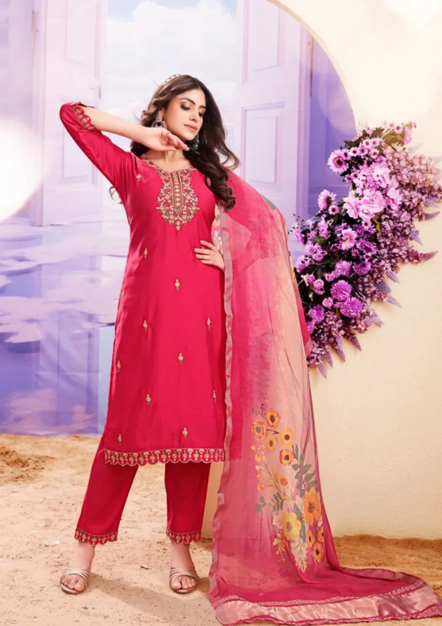 Stunning Rani Pink Color Roman With Heavy Embroidery Work Kurti Suit For Women