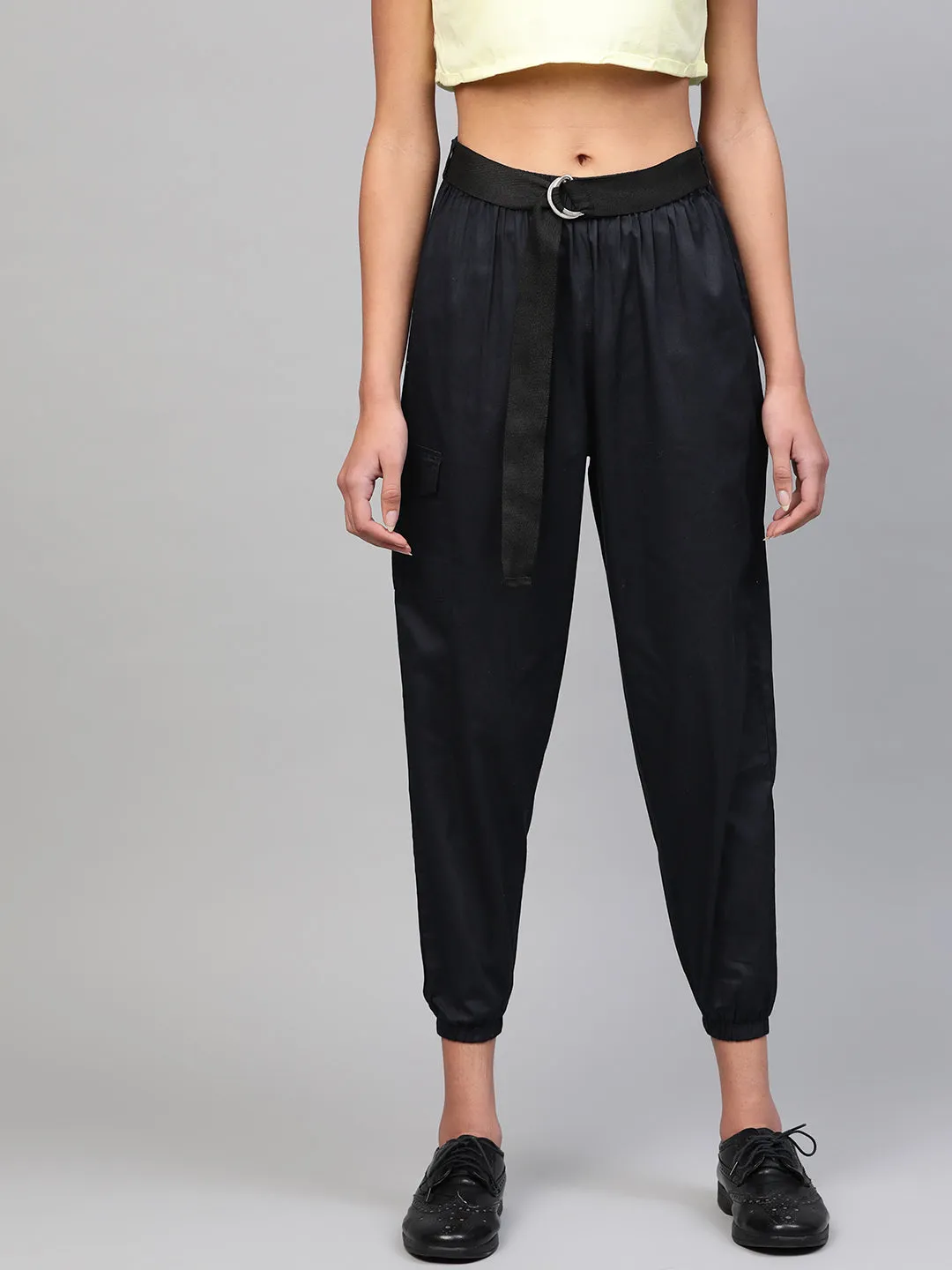 Women Navy Jogger Belted Pants