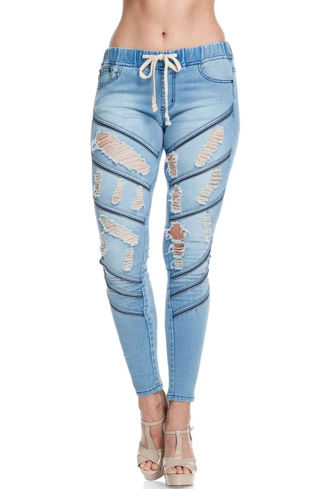 Women's Diagonal Zipper Denim Jogger