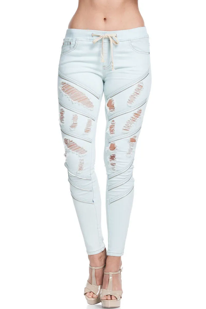 Women's Diagonal Zipper Denim Jogger