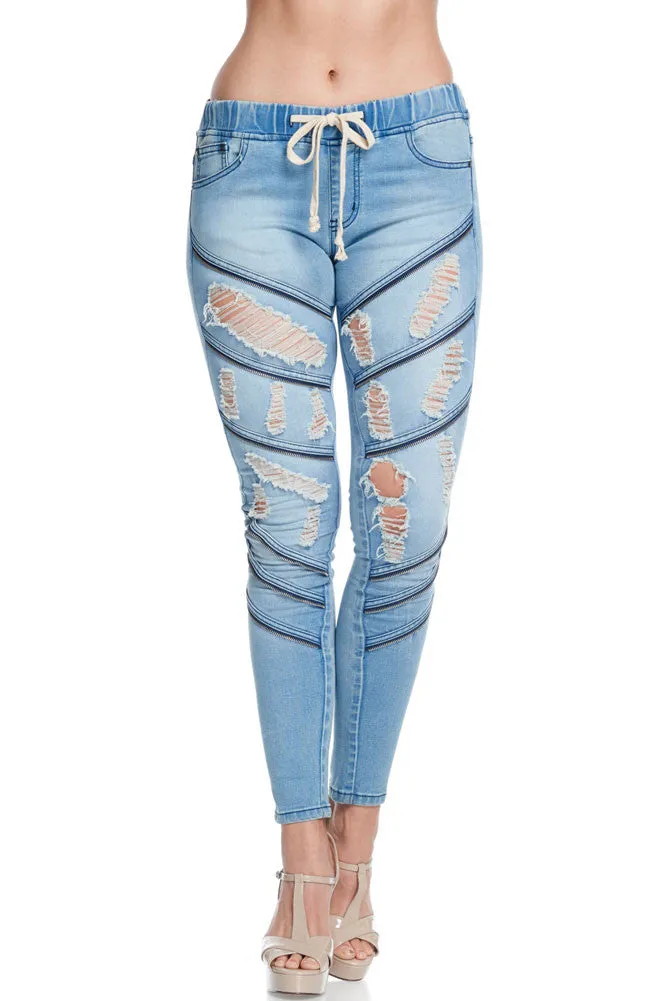 Women's Diagonal Zipper Denim Jogger