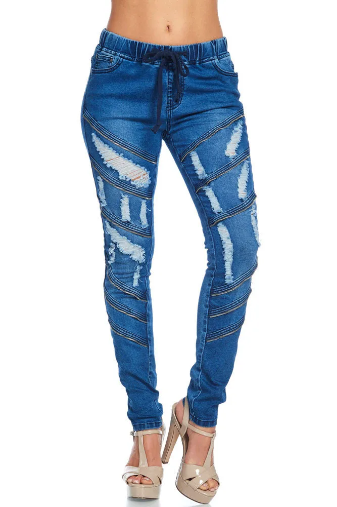 Women's Diagonal Zipper Denim Jogger