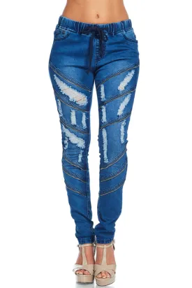 Women's Diagonal Zipper Denim Jogger