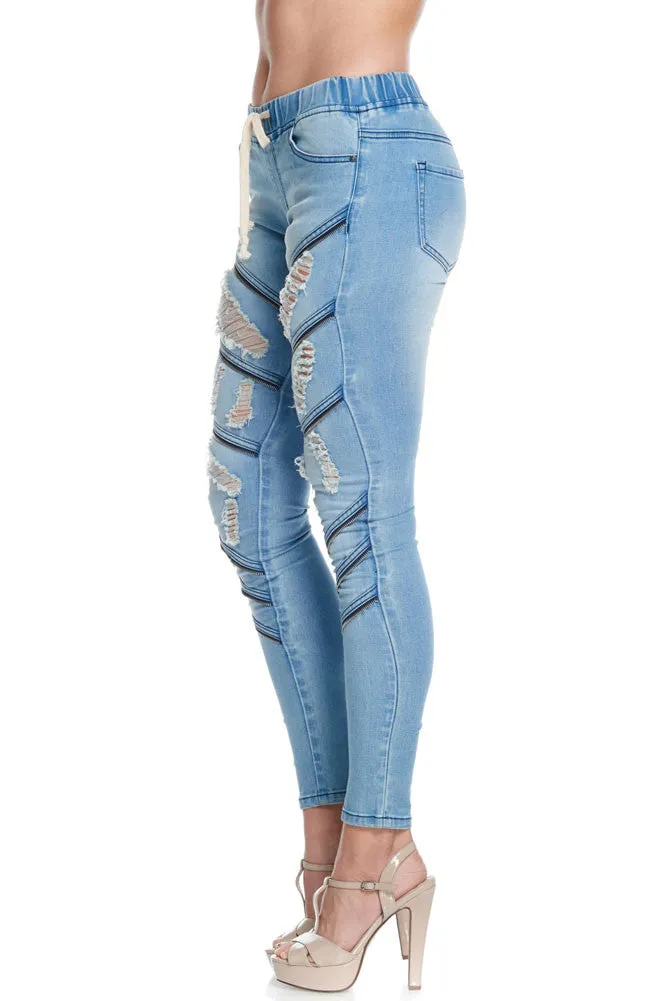 Women's Diagonal Zipper Denim Jogger