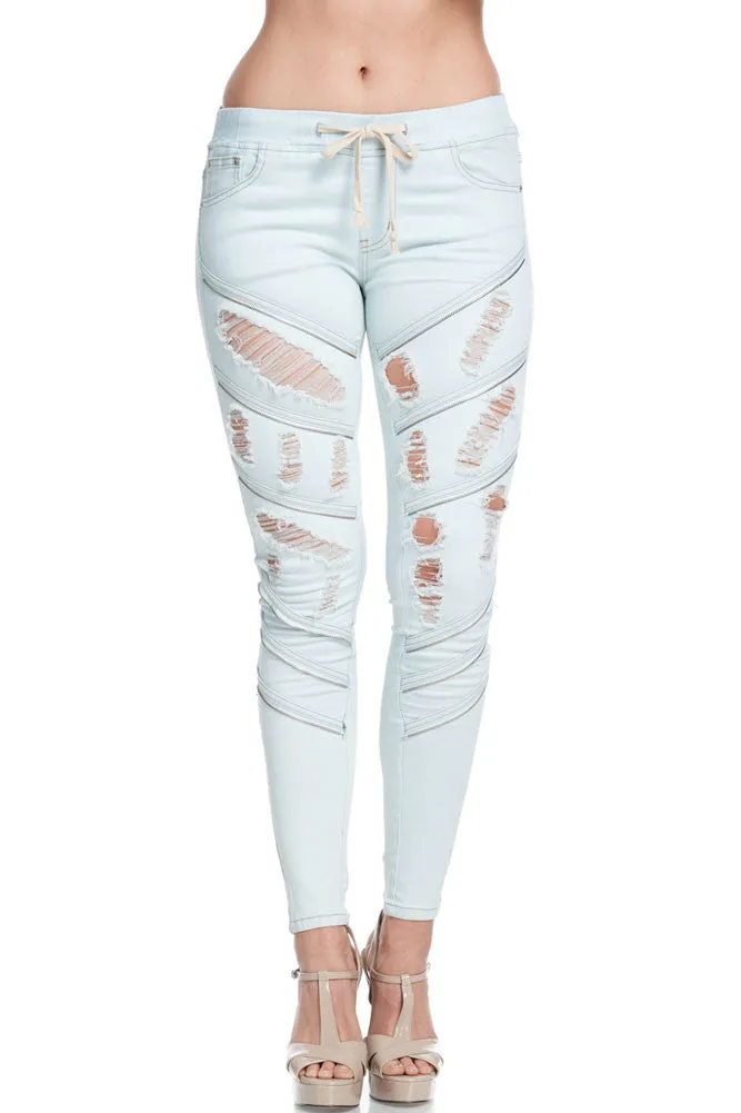 Women's Diagonal Zipper Denim Jogger