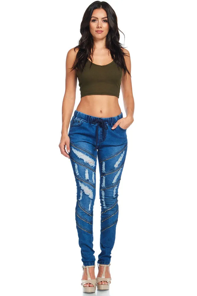 Women's Diagonal Zipper Denim Jogger