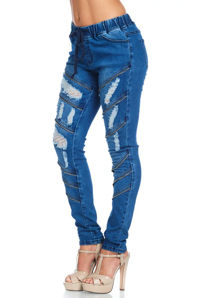 Women's Diagonal Zipper Denim Jogger