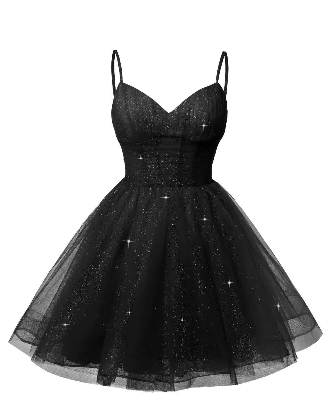 Women's V Neck Tulle Spaghetti Straps Black Homecoming Dresses with Corset Back Short Prom Gowns for Teens