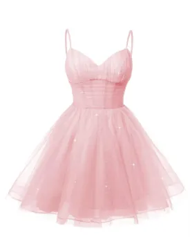 Women's V Neck Tulle Spaghetti Straps Pink Homecoming Dresses with Corset Back Short Prom Gowns for Teens